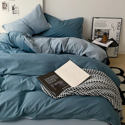 Simple Blue Solid Color Bedding Set Soft Brushed Duvet Covers Pillowcase