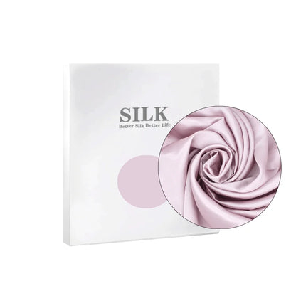 Silk product packaging with a close-up of pink silk fabric on a white background
