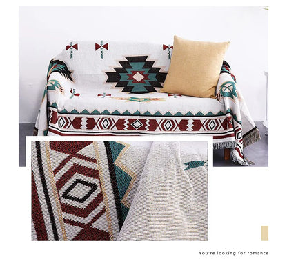 Aztec patterned throw blanket on a sofa with close-up of design