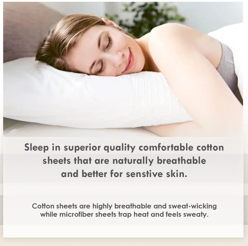 Woman sleeping on a bed with text about cotton sheets being breathable and better for sensitive skin.