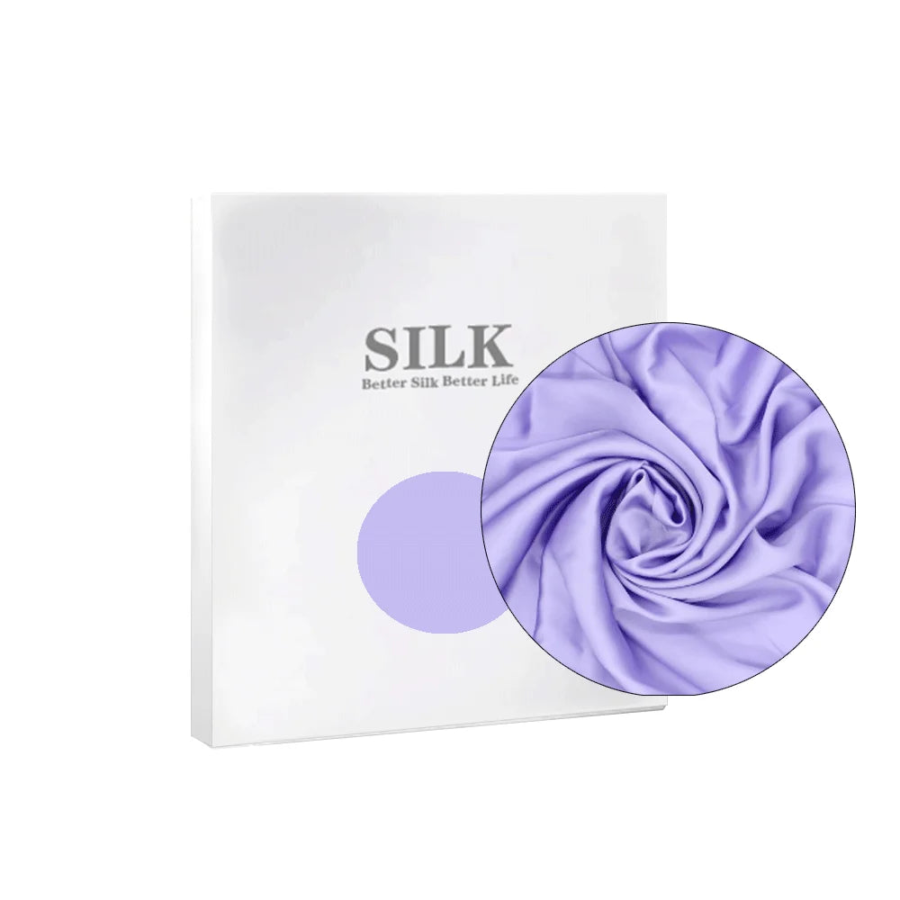 Silk product packaging with a close-up of purple silk fabric on a white background