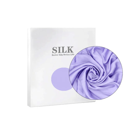 Silk product packaging with a close-up of purple silk fabric on a white background