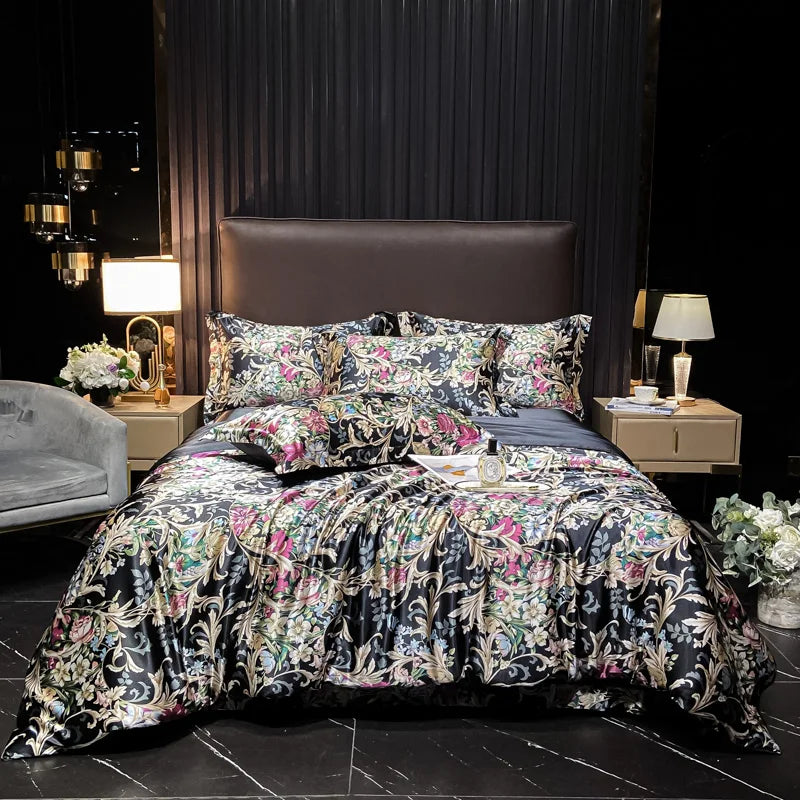 Floral bedding set on a bed in a stylish bedroom with dark walls and decor.