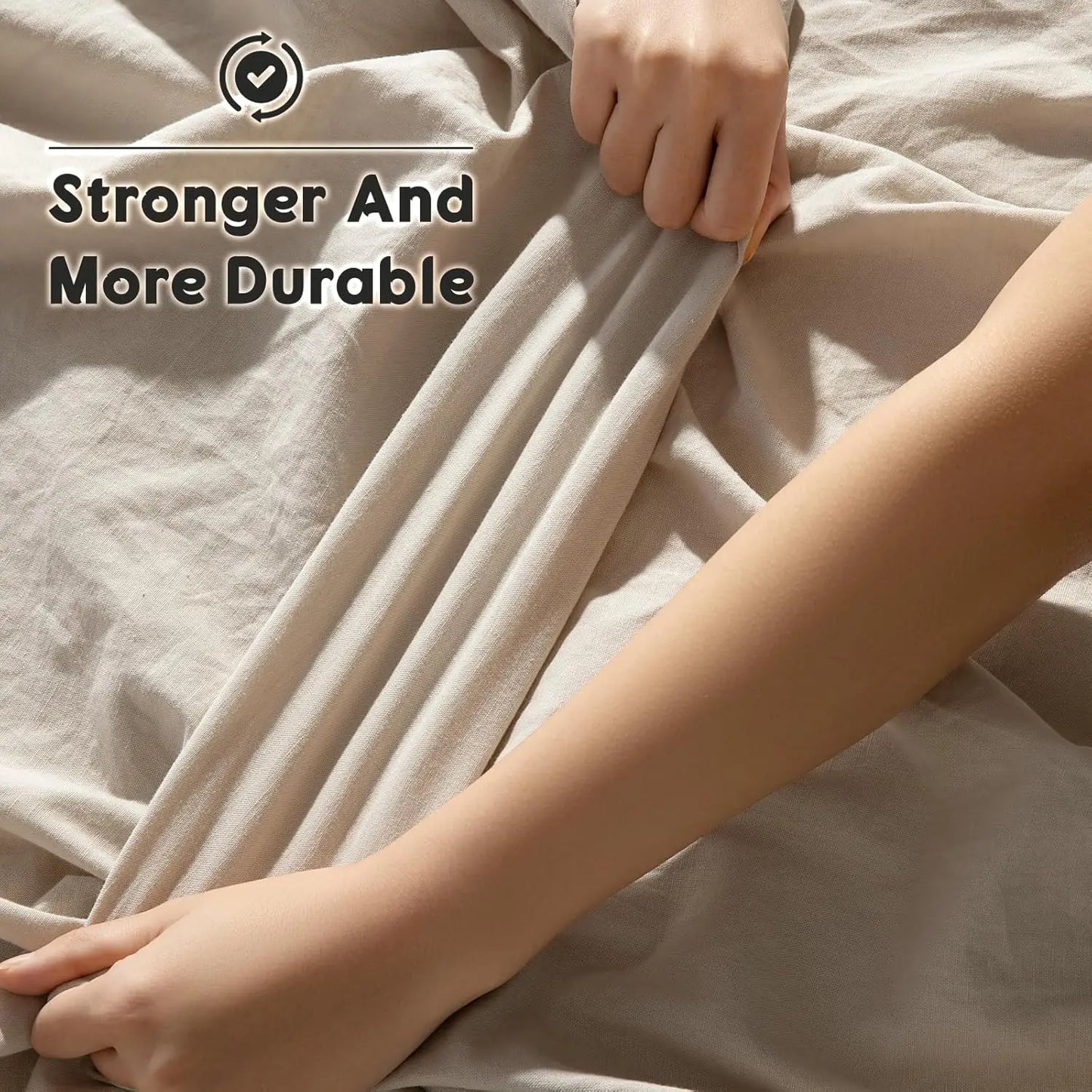 Person holding beige fabric with text 'Stronger And More Durable' on a light background