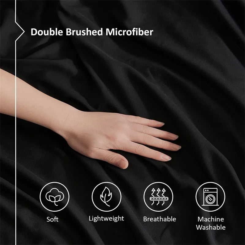 Hand touching black fabric with Double Brushed Microfiber text and feature icons.
