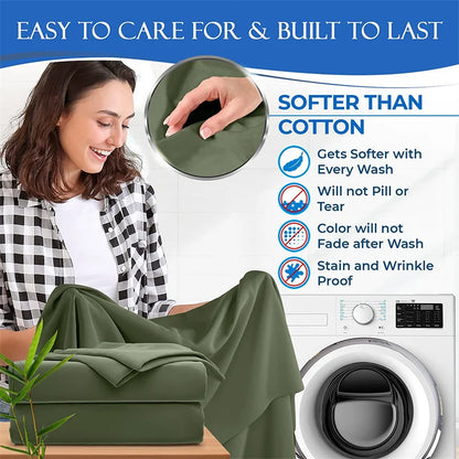 Woman holding a green blanket with washing machine and text about blanket care and features.