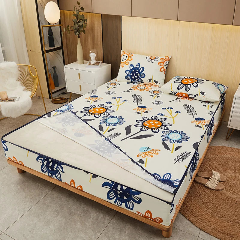 Bed with floral patterned bedding in a bedroom setting