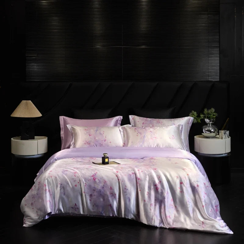 Bed with floral bedding in a dark bedroom setting
