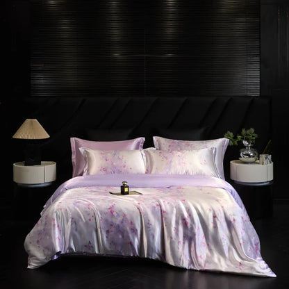 Bed with floral bedding in a dark bedroom setting