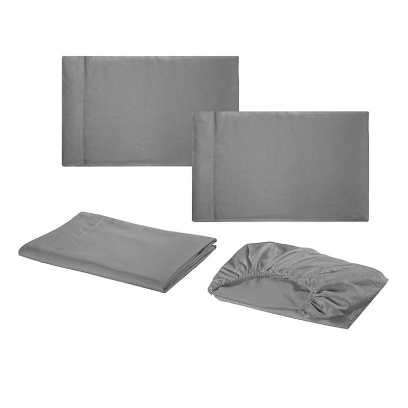 Gray bed sheet set with various pieces on a white background