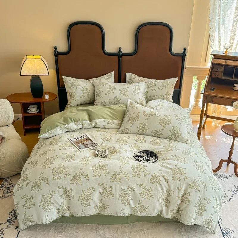 Bedroom with floral bedding and a brown headboard