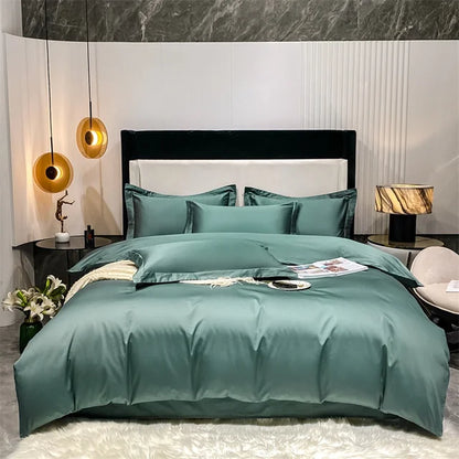 Teal bedding set on a bed in a modern bedroom with marble wall and decorative lamps.