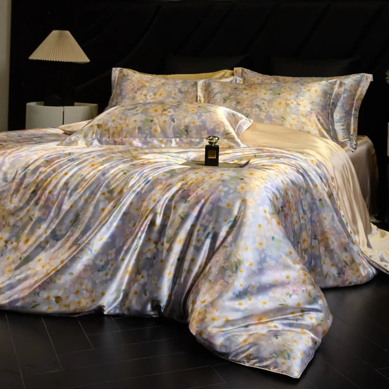 Floral patterned bedding set on a bed in a bedroom setting.