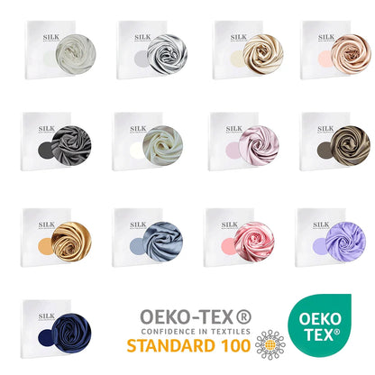 Silk swatches in various colors with Oeko-Tex certification on a white background