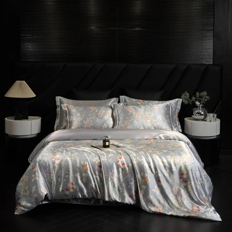 Floral patterned bedding set on a bed in a darkly decorated room.