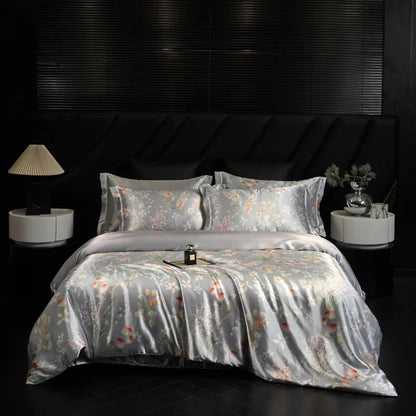 Floral patterned bedding set on a bed in a darkly decorated room.